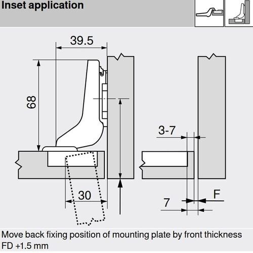0638-010-Blum Clip Top Standard Inset 110 Degree Cabinet Hinge 71T3750 With Mounting Plate