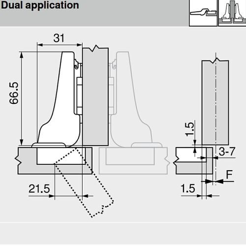 0640-010-Blum Clip Top Half Overlay 110 Degree Cabinet Hinge 71T3650 With Mounting Plate