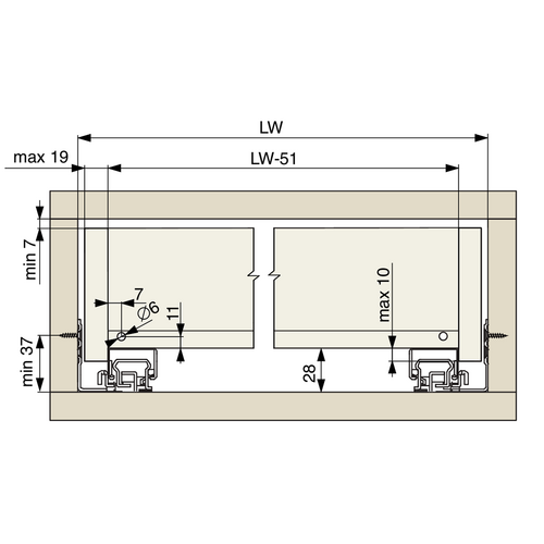 11461-008-Concealed Drawer Runner Push to Open Full Extension 35kg (Maximum 19mm Drawer Sides)