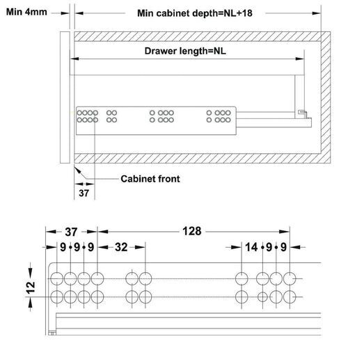 11498-006-Concealed Drawer Runner Push To Open Soft Close Full Extension 30kg (Maximum 19mm Drawer Sides)