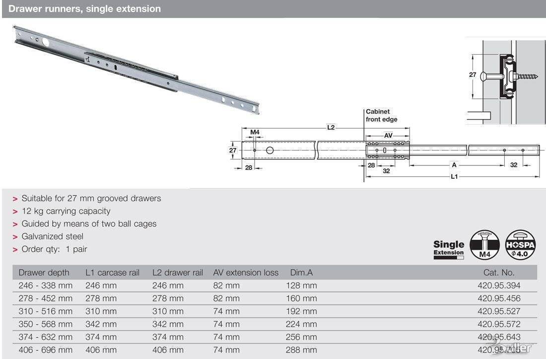 Ball bearing Single Extension Runner Slide 27mm groove